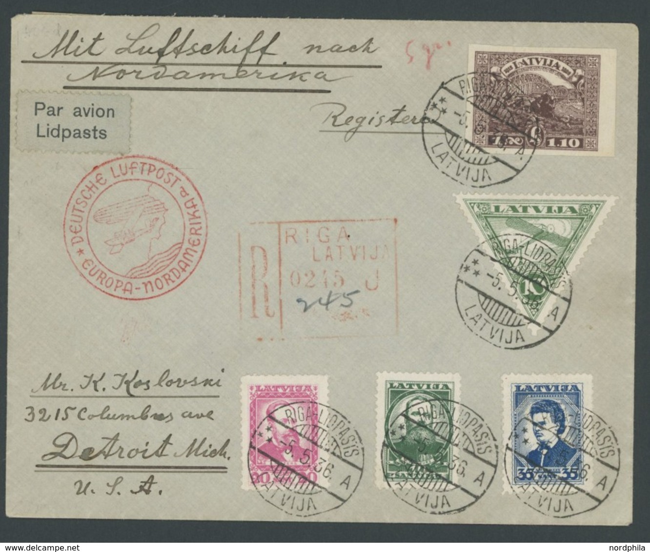 ZULEITUNGSPOST 406D BRIEF, Lettland: 1936, 1. Nordamerikafahrt, Auflieferung Friedrichshafen (d), Einschreibbrief Mit In - Airmail & Zeppelin