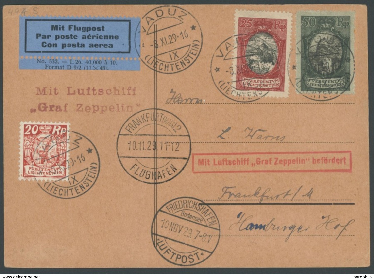 ZULEITUNGSPOST 49A BRIEF, Liechtenstein: 1929, Fahrt Nach Frankfurt, Ankunftsstempel Frankfurt, Prachtkarte - Poste Aérienne & Zeppelin