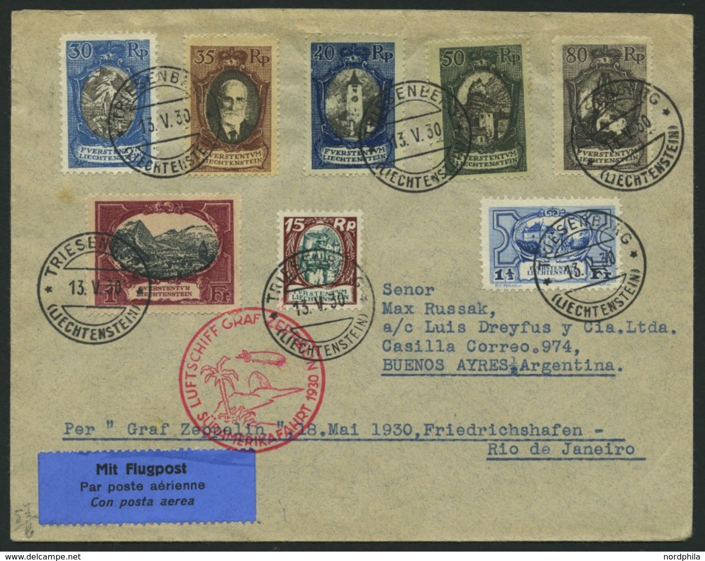 ZULEITUNGSPOST 57E BRIEF, Liechtenstein: 1930, Südamerikafahrt, Bis Rio De Janeiro, Gute Frankatur, Prachtbrief - Airmail & Zeppelin