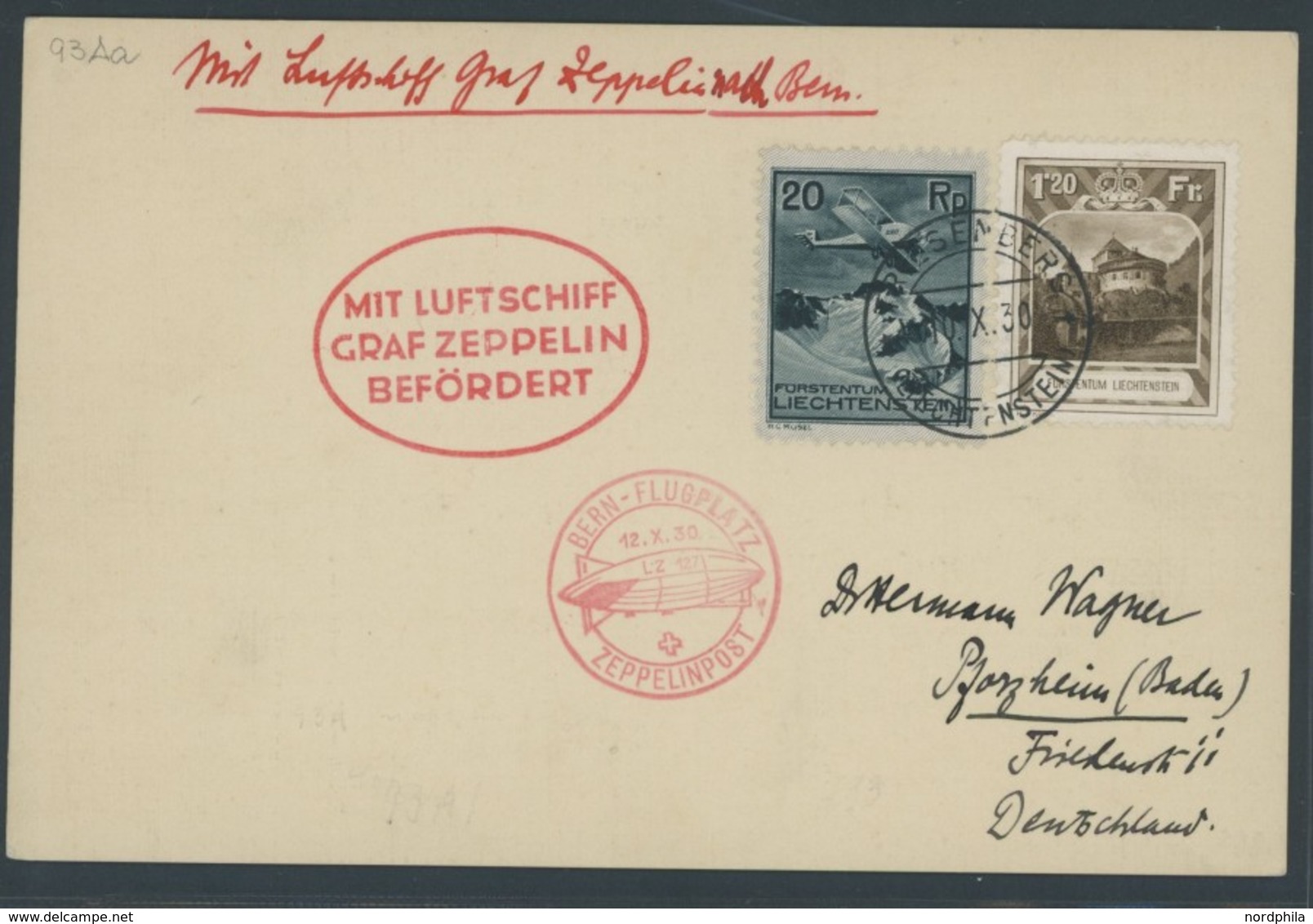 ZULEITUNGSPOST 93 BRIEF, Liechtenstein: 1930, Schweizfahrt, Abgabe Bern, Prachtkarte - Correo Aéreo & Zeppelin