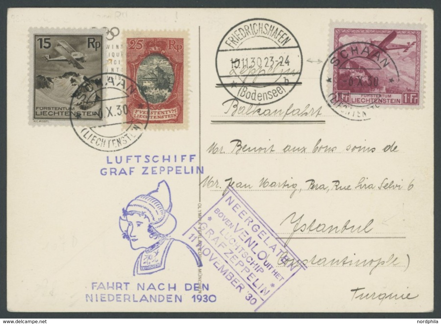 ZULEITUNGSPOST 98 BRIEF, Liechtenstein: 1930, Fahrt In Die Niederlande, Künstlerkarte Winterolympiade Nach Istanbul, Pra - Correo Aéreo & Zeppelin