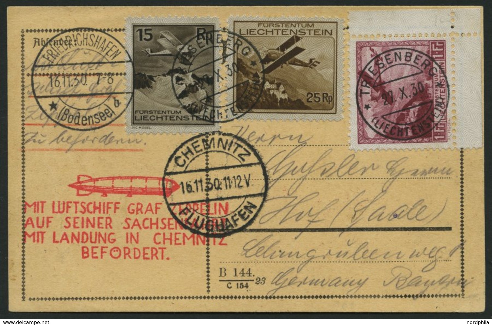 ZULEITUNGSPOST 100 BRIEF, Liechtenstein: 1930, Fahrt Nach Chemnitz, Prachtkarte - Correo Aéreo & Zeppelin