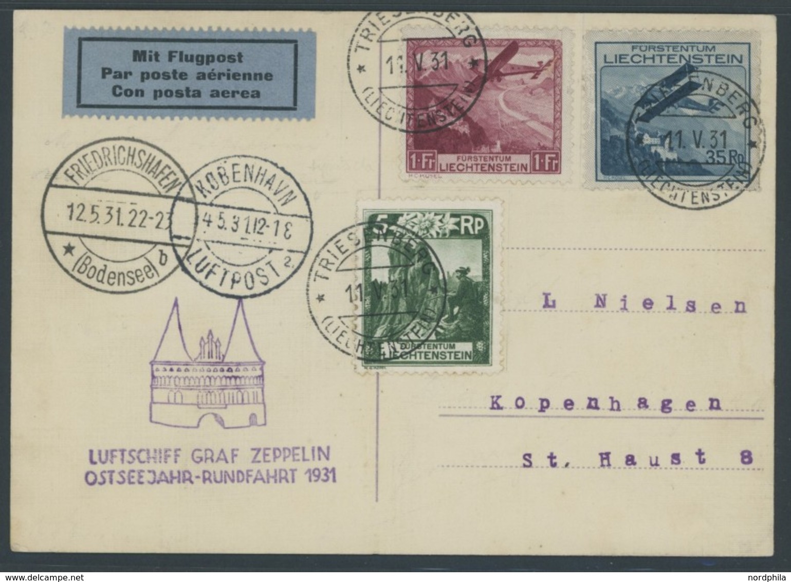 ZULEITUNGSPOST 108Cb BRIEF, Liechtenstein: 1931, Ostseejahr-Rundfahrt, Abwurf Kopenhagen, Frankiert U.a. Mit Mi.Nr. 113  - Correo Aéreo & Zeppelin