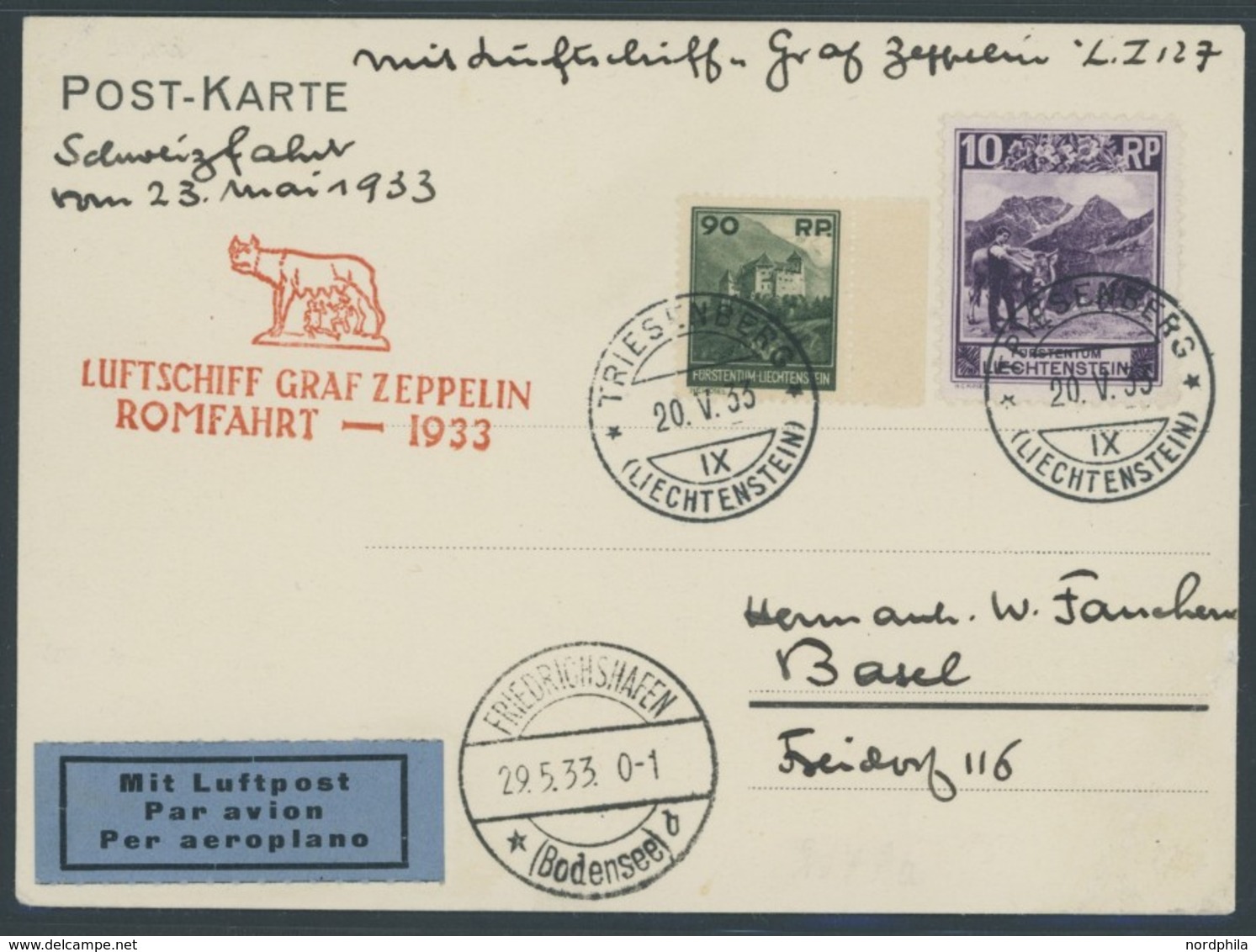 ZULEITUNGSPOST 207A BRIEF, Liechtenstein: 1933, Italienfahrt, Abgabe Livorno, Prachtkarte - Correo Aéreo & Zeppelin