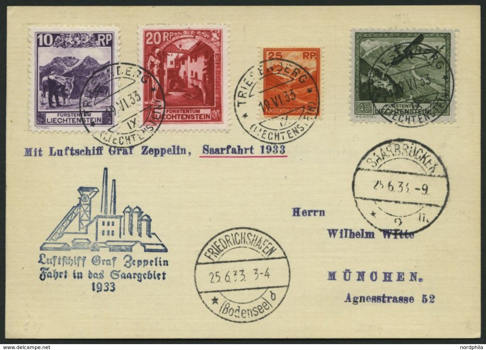 ZULEITUNGSPOST 217 BRIEF, Liechtenstein: 1933, Fahrt Ins Saargebiet, Prachtkarte - Airmail & Zeppelin