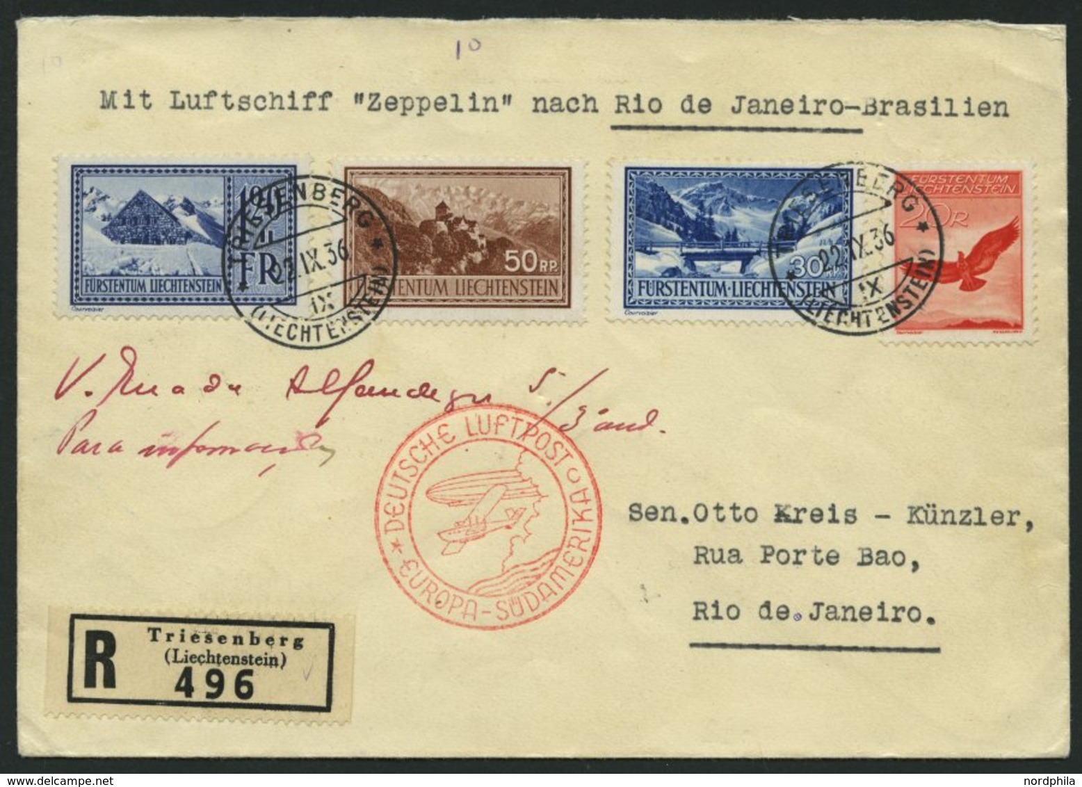 ZULEITUNGSPOST 369 BRIEF, Liechtenstein: 1936, 14 Südamerikafahrt, Einschreibbrief, Pracht - Correo Aéreo & Zeppelin