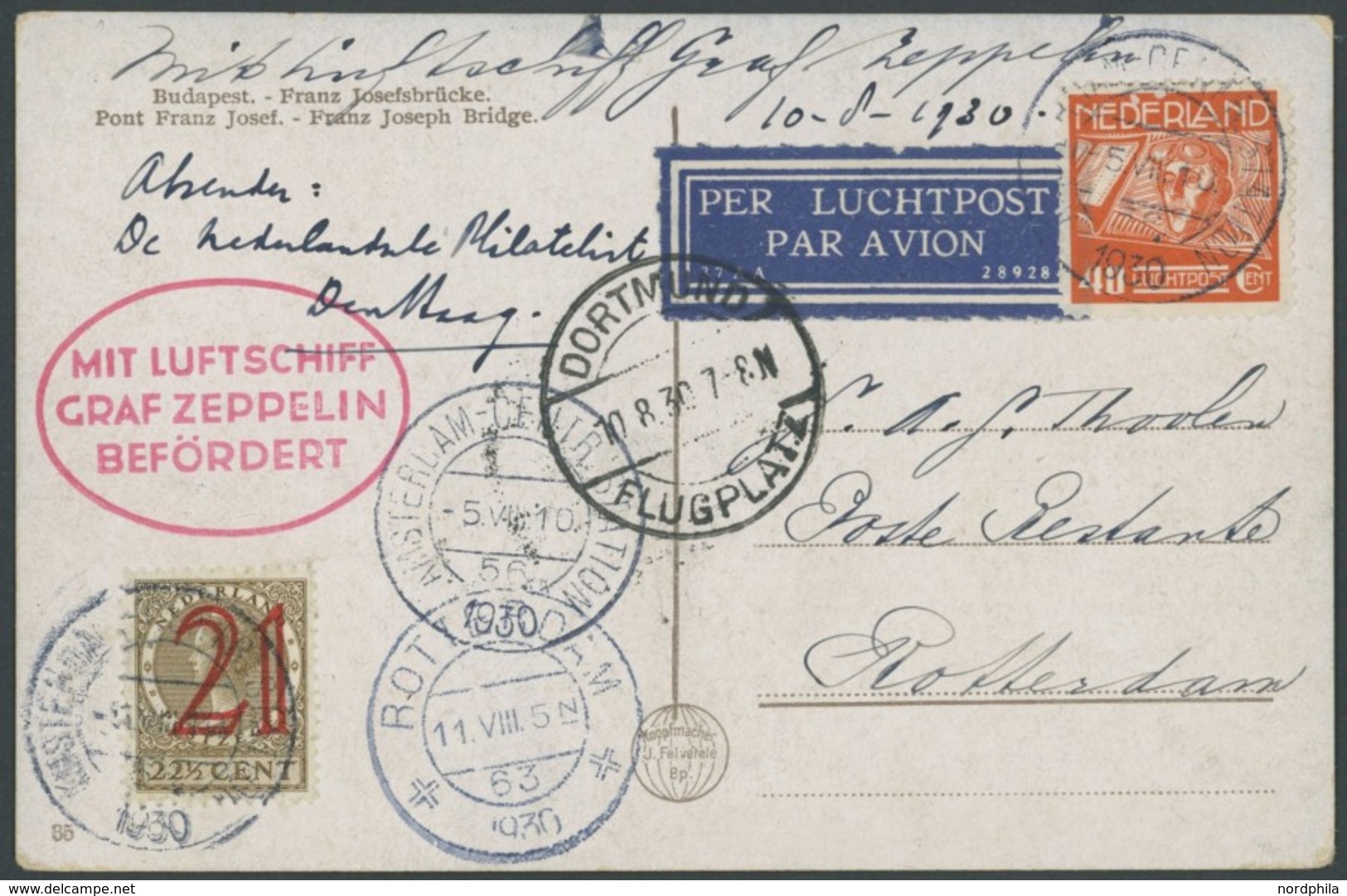 ZULEITUNGSPOST 77 BRIEF, Niederlande: 1930, Landungsfahrt Nach Dortmund, Prachtkarte - Airmail & Zeppelin