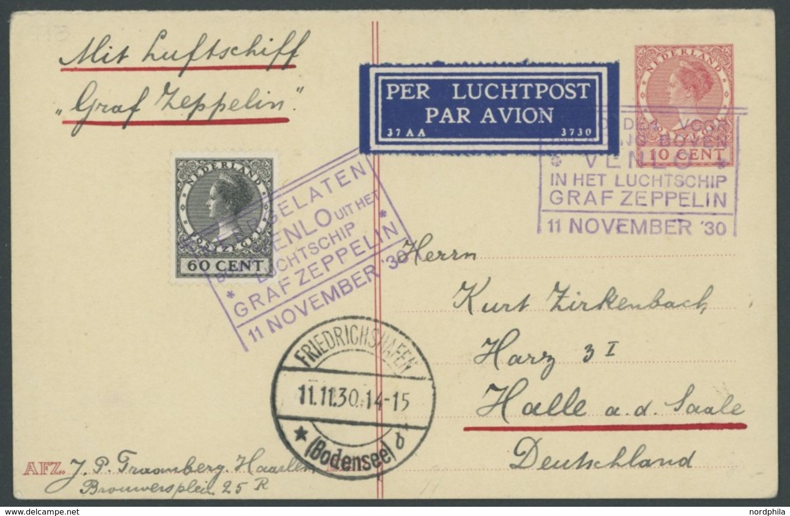 ZULEITUNGSPOST 99B BRIEF, Niederlande: 1930, Fahrt In Die Niederlande, Venlo-Friedrichshafen, 10 C. Ganzsachenkarte Mit  - Correo Aéreo & Zeppelin