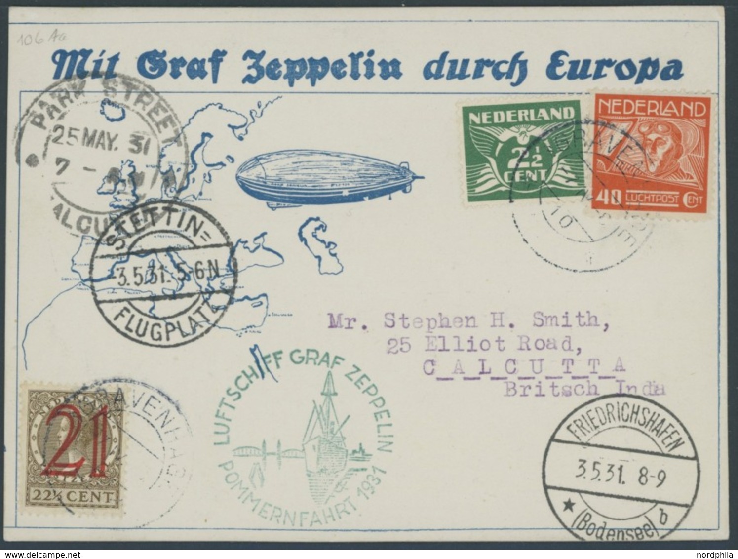 ZULEITUNGSPOST 106 BRIEF, Niederlande: 1931, Pommernfahrt, Karte Nach Indien, Mit Autogramm Vom Indischen Raketen- Und R - Correo Aéreo & Zeppelin