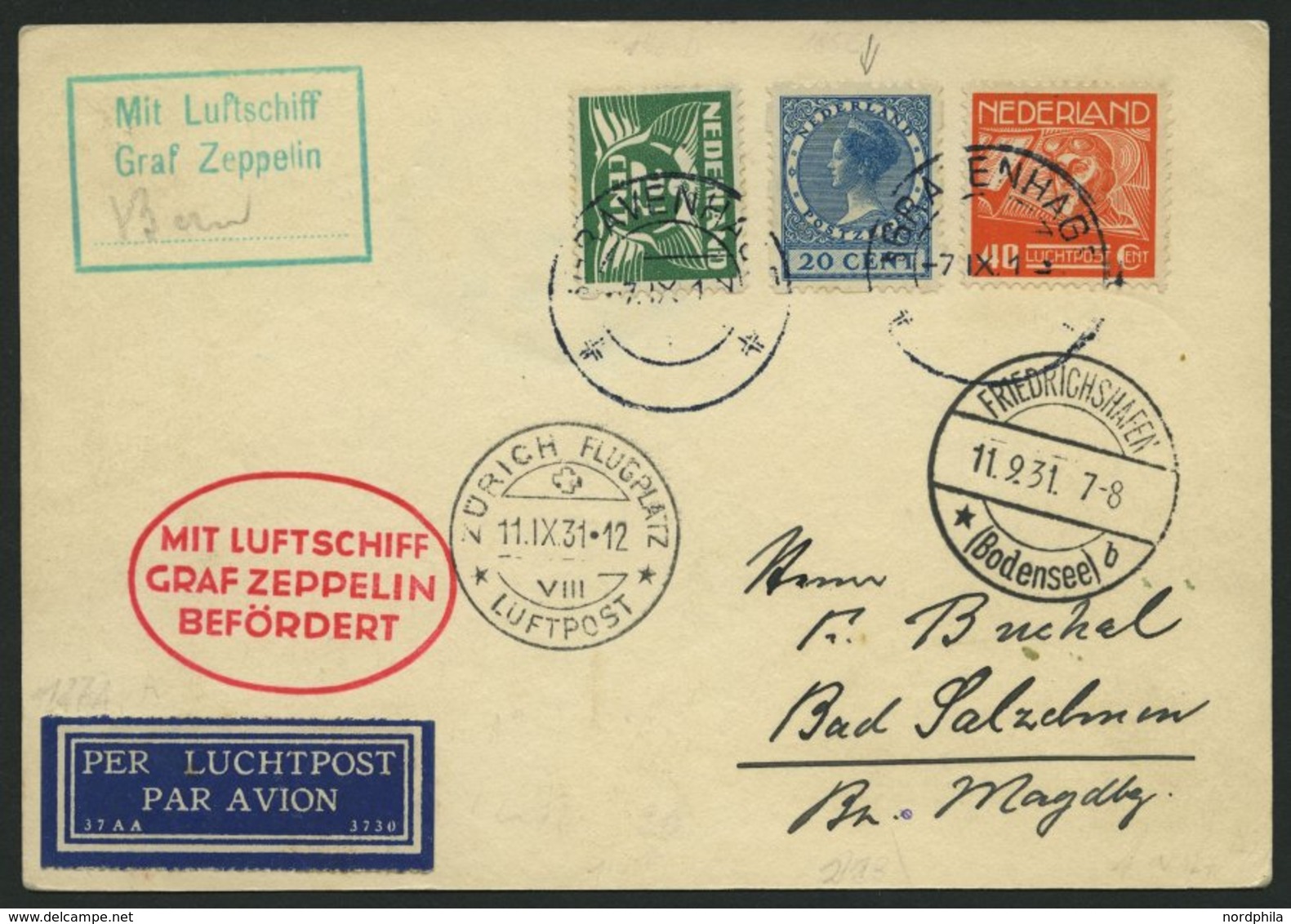 ZULEITUNGSPOST 127 BRIEF, Niederlande: 1931, Fahrt Nach Zürich, Prachtkarte - Correo Aéreo & Zeppelin