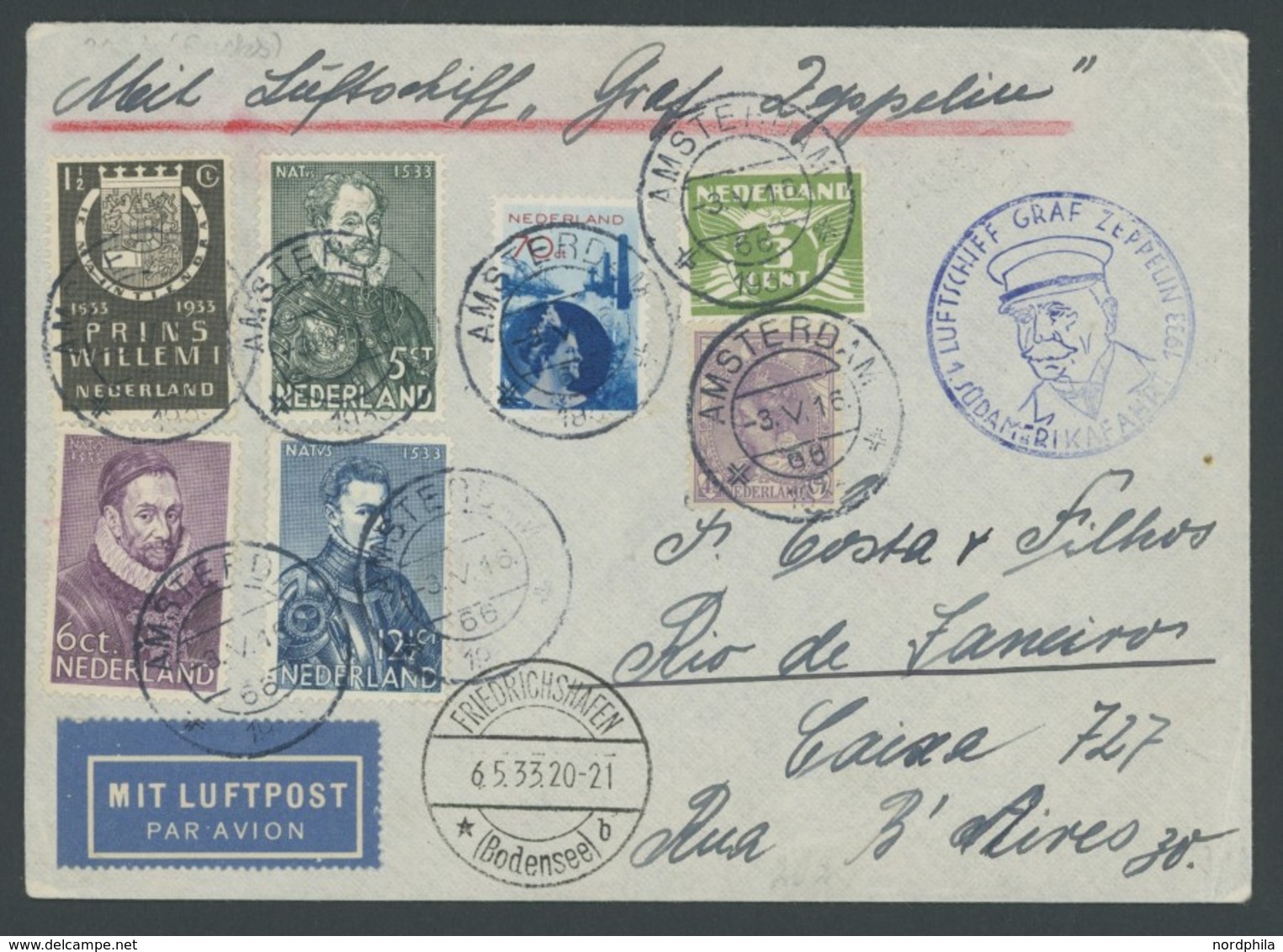 ZULEITUNGSPOST 202 BRIEF, Niederlande: 1933, 1. Südamerikafahrt, Prachtbrief - Correo Aéreo & Zeppelin
