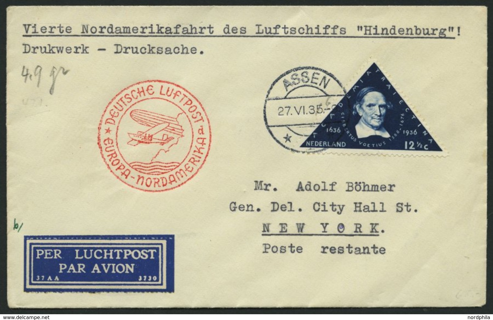 ZULEITUNGSPOST 420 BRIEF, Niederlande: 1936, 4. Nordamerikafahrt, Stempel ASSEN 1935 Statt 1936, Prachtbrief - Correo Aéreo & Zeppelin