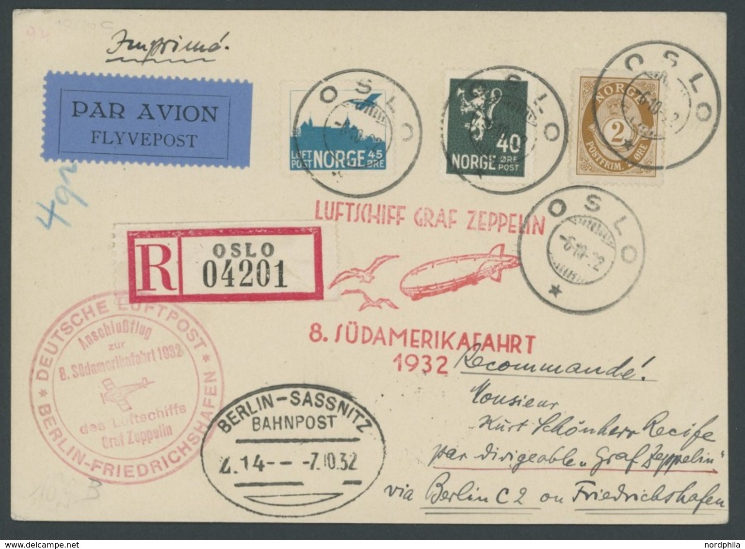 ZULEITUNGSPOST 189B BRIEF, Norwegen: 1932, 8. Südamerikafahrt, Anschlußflug Ab Berlin, Einschreib-Drucksache, Prachtkart - Correo Aéreo & Zeppelin