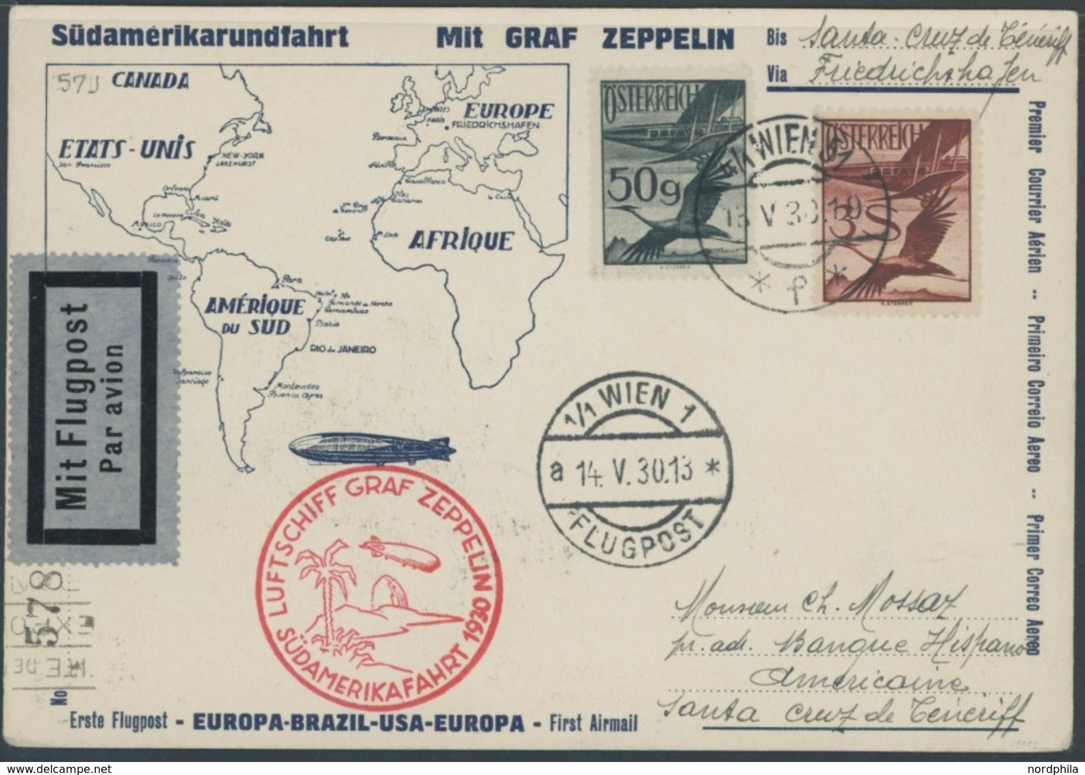 ZULEITUNGSPOST 57J BRIEF, Österreich: 1930, Südamerikafahrt, Bis Praia, Frankiert U.a. Mit Mi.Nr. 485, Prachtkarte - Airmail & Zeppelin