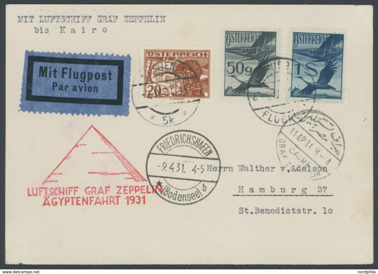 ZULEITUNGSPOST 104 BRIEF, Österreich: 1931, Ägyptenfahrt, Prachtkarte - Airmail & Zeppelin