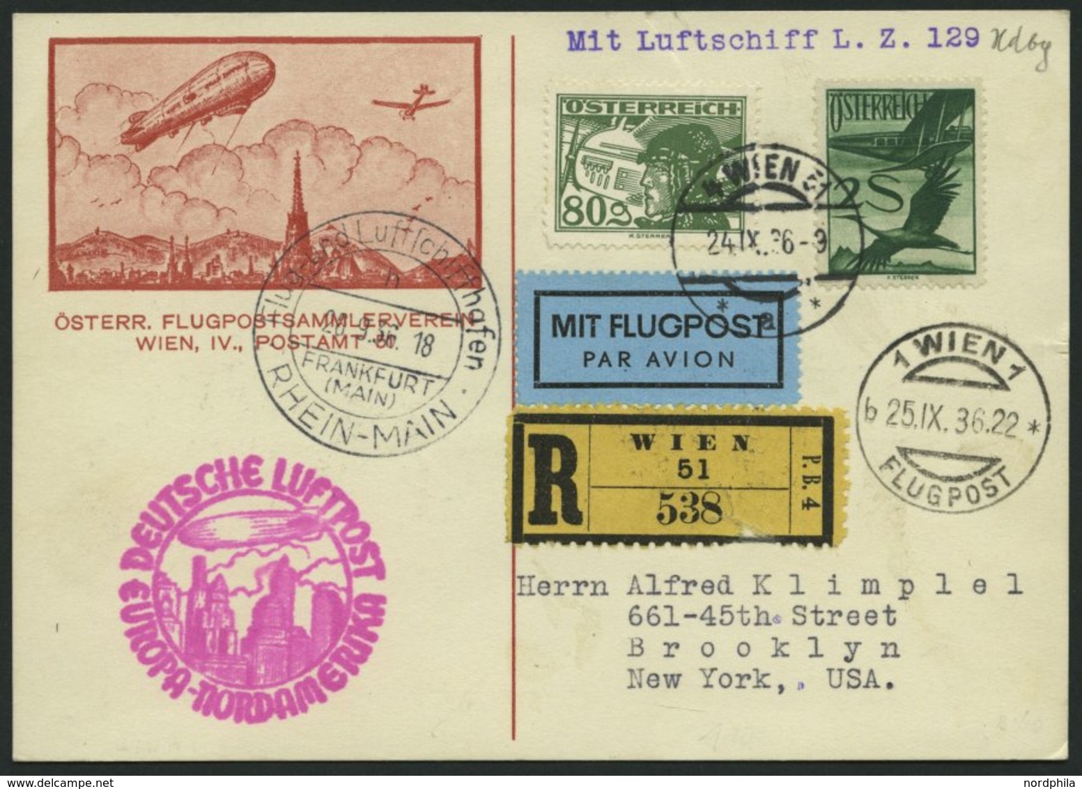 ZULEITUNGSPOST 439 BRIEF, Österreich: 1936, 9. Nordamerikafahrt, Einschreibkarte, Pracht - Correo Aéreo & Zeppelin