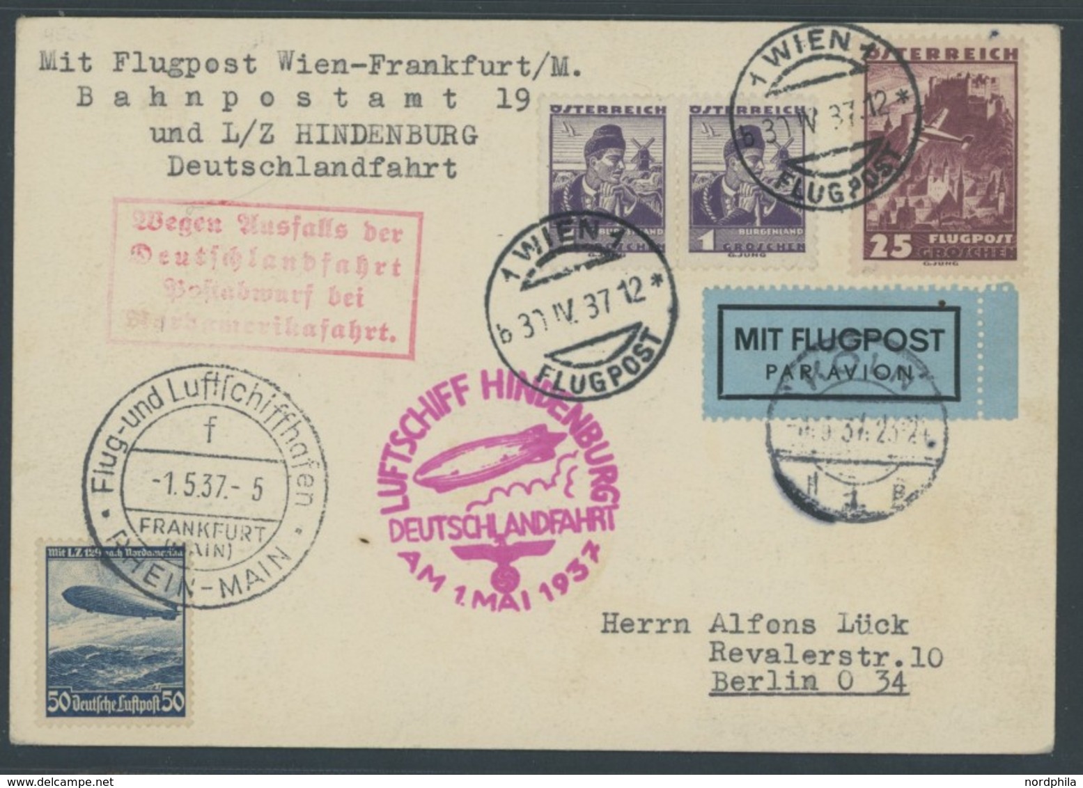 ZULEITUNGSPOST 453B BRIEF, Österreich: 1937, Deutschlandfahrt, Abwurf Köln, Mit Rotem Ausfallstempel, Prachtkarte - Correo Aéreo & Zeppelin