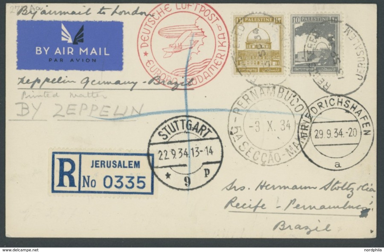 ZULEITUNGSPOST 277 BRIEF, Palästina: 1934, 9. Südamerikafahrt, Einschreib-Drucksache, Prachtkarte - Correo Aéreo & Zeppelin