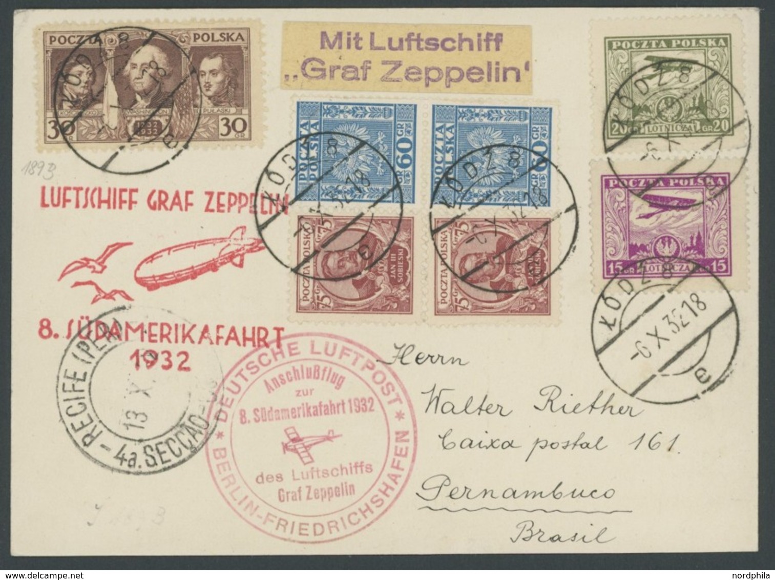 ZULEITUNGSPOST 189B BRIEF, Polen: 1932, 8. Südamerikafahrt, Anschlussflug Ab Berlin, Prachtkarte - Correo Aéreo & Zeppelin