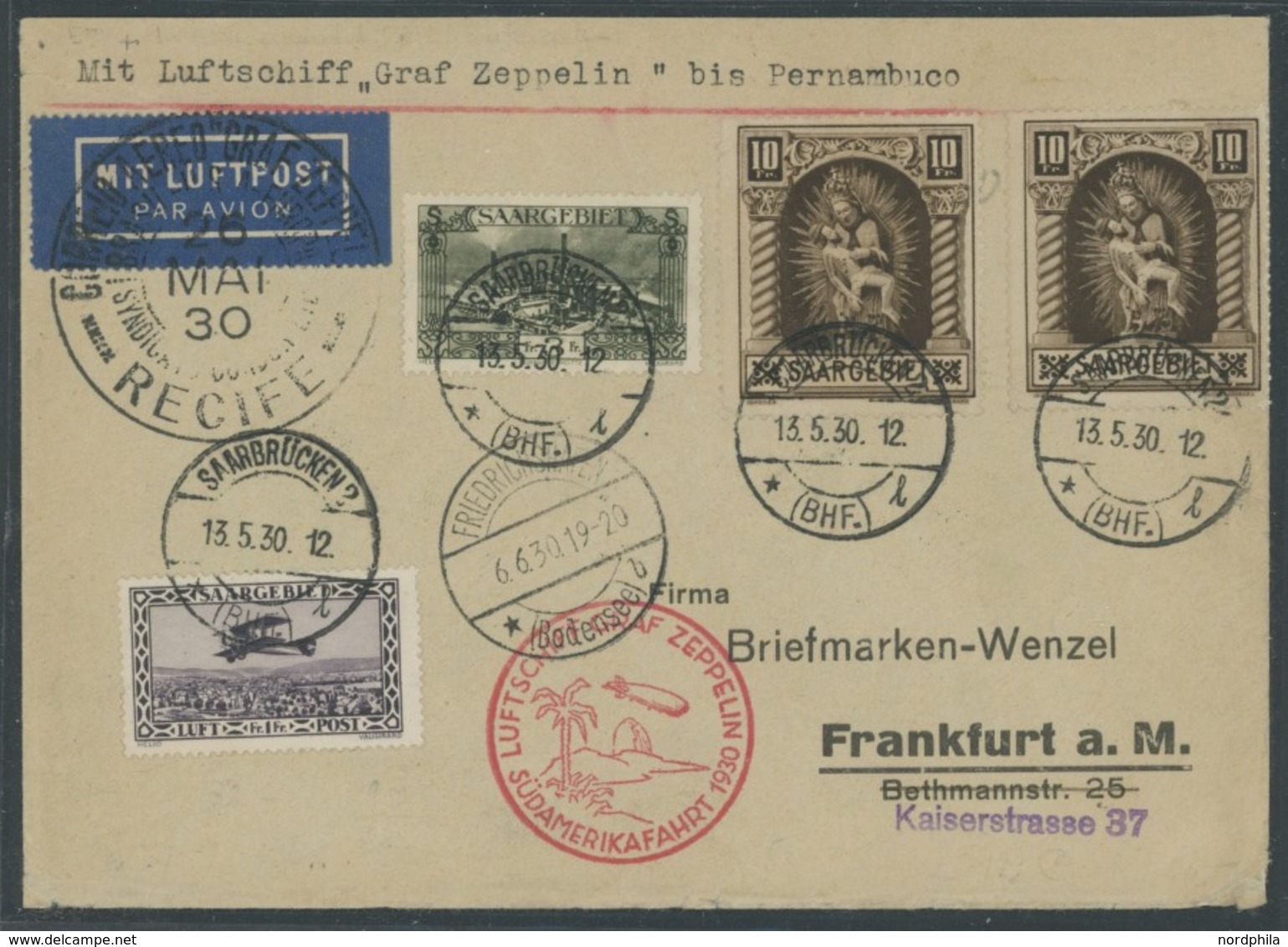 ZULEITUNGSPOST 57 BRIEF, Saargebiet: 1930, Südamerikafahrt, Frankfurt - Pernambuco, Frankfurt, Rundfahrt-Rarität, Vermut - Correo Aéreo & Zeppelin