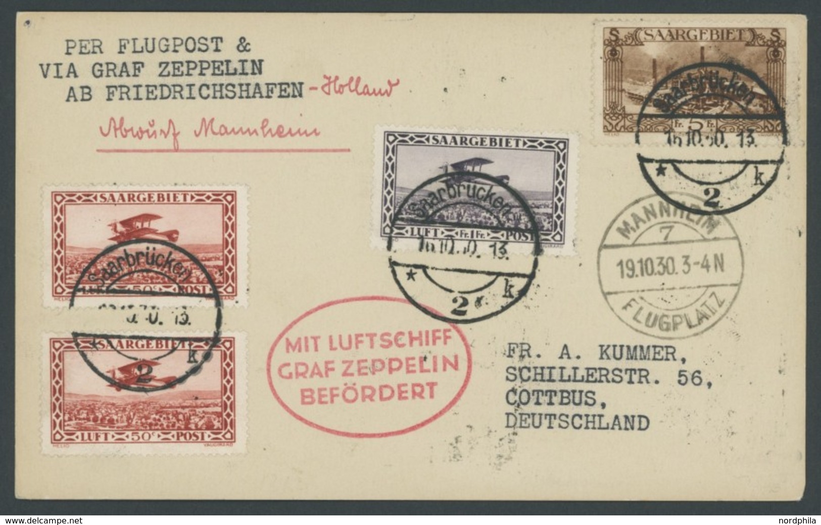 ZULEITUNGSPOST 96 BRIEF, Saargebiet: 1930, Landungsfahrt Nach Mannheim, Rückfahrt, Prachtkarte - Correo Aéreo & Zeppelin