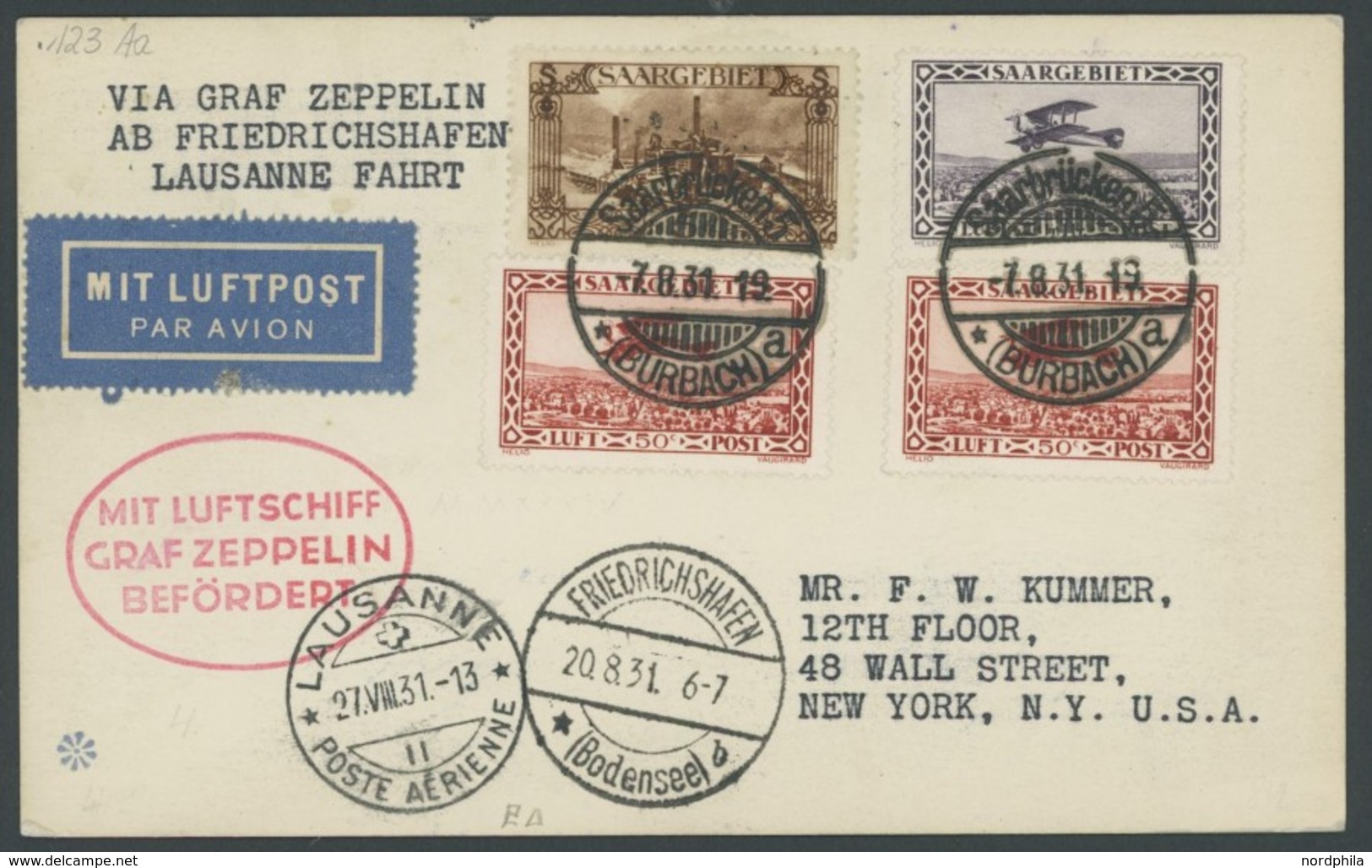 ZULEITUNGSPOST 123 BRIEF, Saargebiet: 1931, Fahrt Nach Lausanne, Prachtkarte - Correo Aéreo & Zeppelin