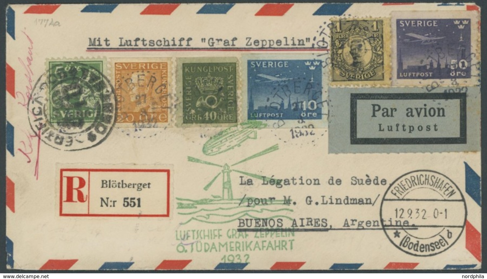 ZULEITUNGSPOST 177 BRIEF, Schweden: 1932, 6. Südamerikafahrt, Einschreibbrief, Pracht - Correo Aéreo & Zeppelin