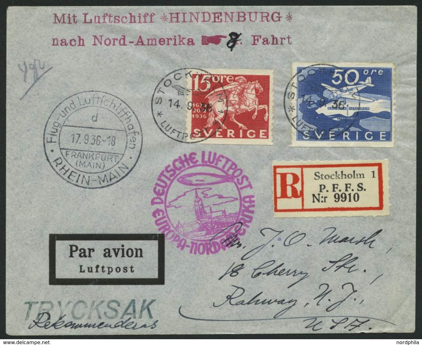 ZULEITUNGSPOST 437 BRIEF, Schweden: 1936, 8. Nordamerikafahrt, Einschreibbrief, Pracht - Correo Aéreo & Zeppelin