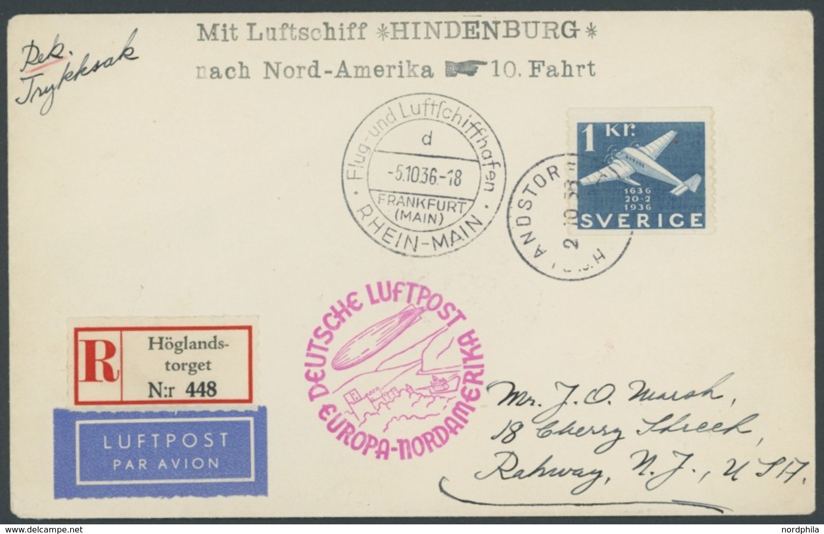 ZULEITUNGSPOST 441 BRIEF, Schweden: 1936, 10. Nordamerikafahrt, Prachtbrief - Airmail & Zeppelin