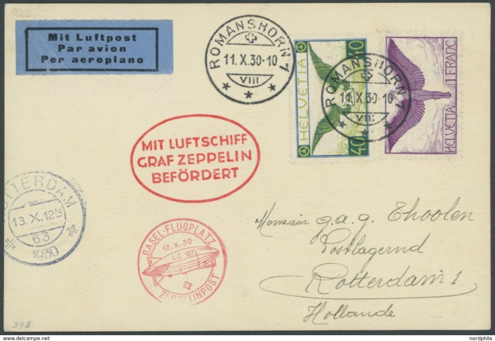 ZULEITUNGSPOST 93Ba BRIEF, Schweiz: 1930, Fahrt Friedrichshafen-Basel, Prachtkarte Nach Rotterdam - Correo Aéreo & Zeppelin