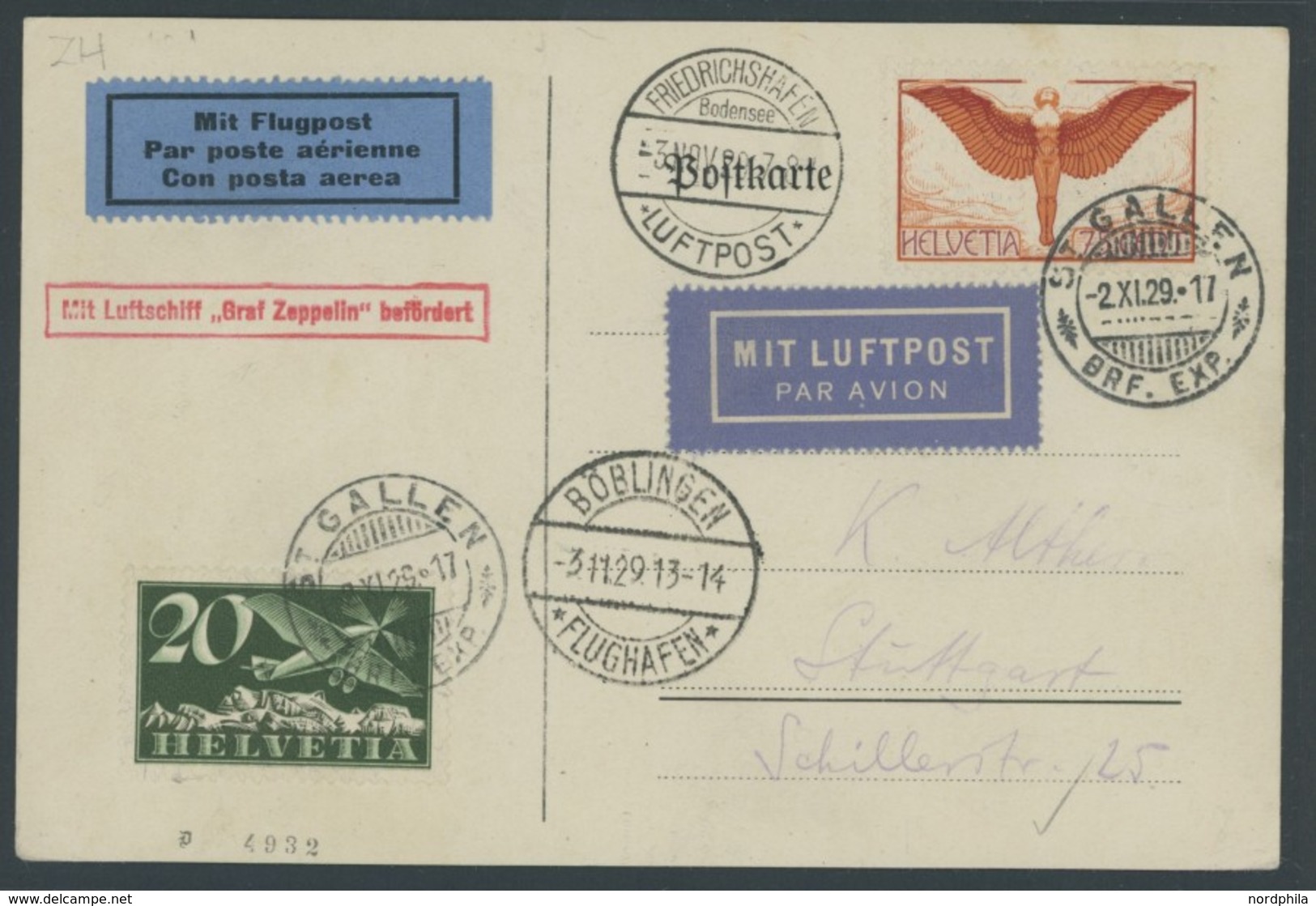 ZULEITUNGSPOST 48A BRIEF, Schweiz: 1929, Fahrt Nach Böblingen, Frankiert U.a. Mit Mi.Nr. 190, Prachtkarte - Correo Aéreo & Zeppelin