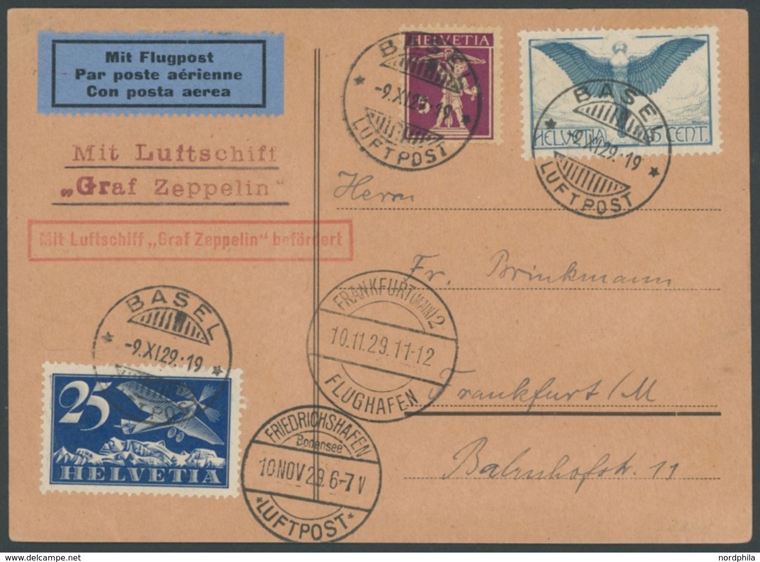 ZULEITUNGSPOST 49A BRIEF, Schweiz: 1929 Fahrt Nach Frankfurt, Prachtkarte, Signiert Dewitz - Correo Aéreo & Zeppelin