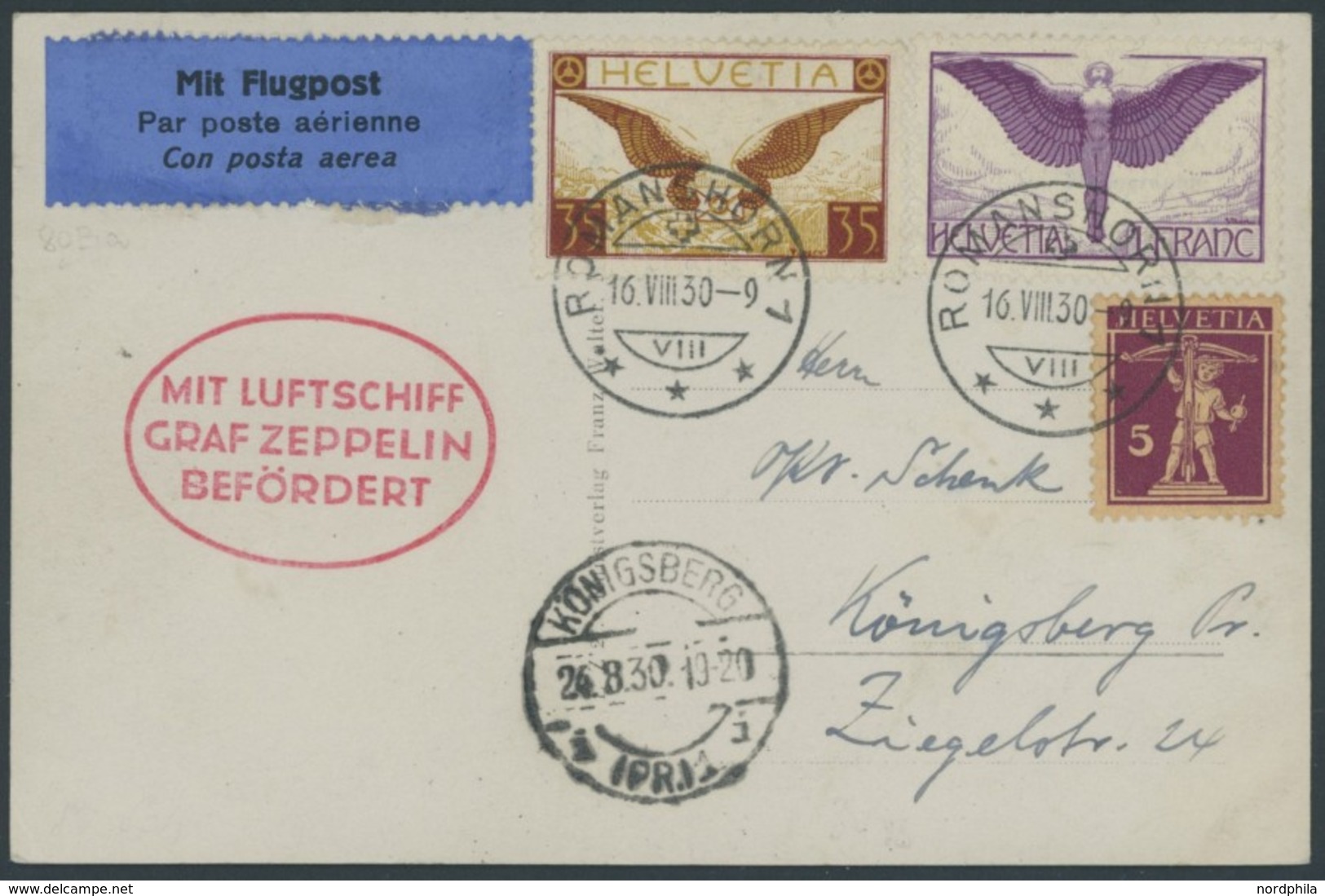ZULEITUNGSPOST 80A,B BRIEF, Schweiz: 1930, Ostpreußenfahrt, Seltene WRF 1929/SAF 1930, Sonderkarte Mit Ankunftsstempel K - Correo Aéreo & Zeppelin