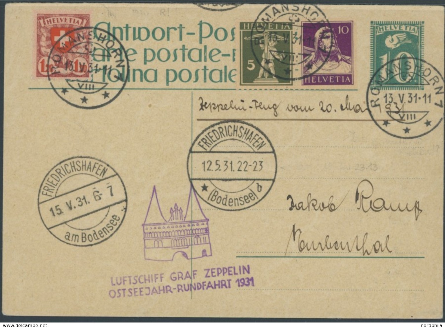 ZULEITUNGSPOST 108 BRIEF, Schweiz: 1931, Ostseejahr-Rundfahrt, Befördert Romanshorn Stempelfehler 13.5. Statt 12.5., Pra - Correo Aéreo & Zeppelin