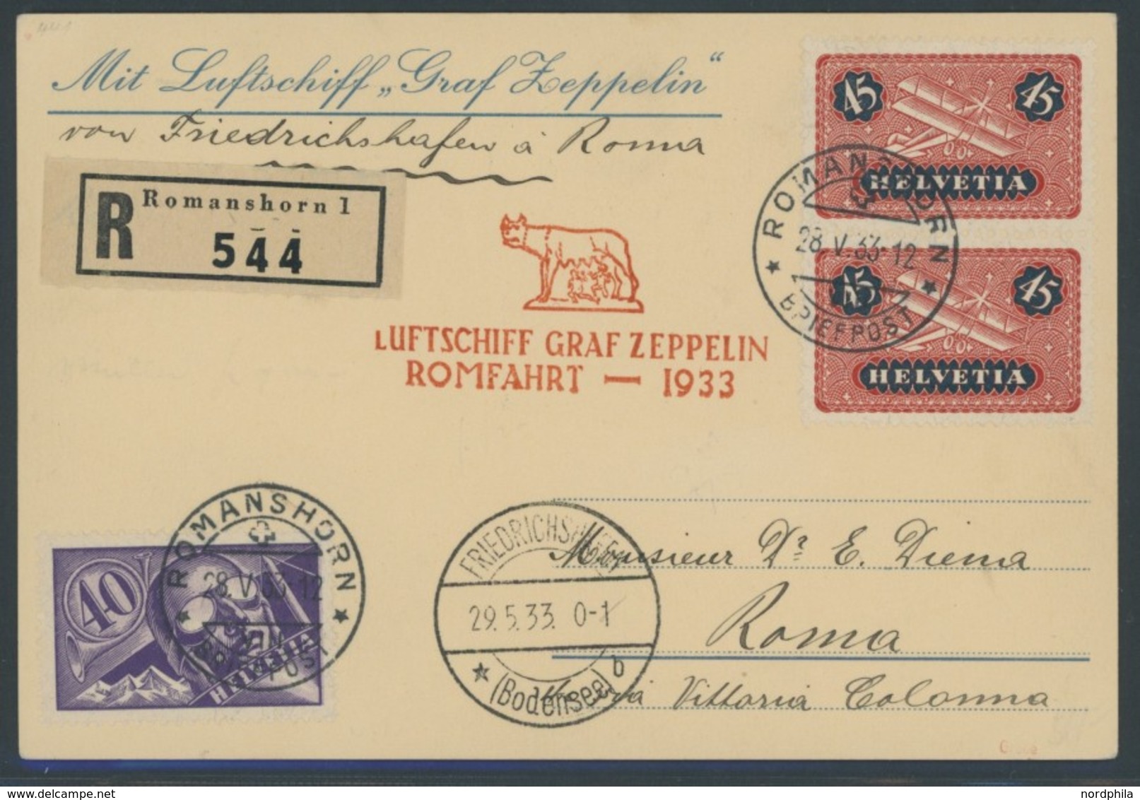 ZULEITUNGSPOST 207Ba BRIEF, Schweiz: 1933, Italienfahrt, Postabgabe Rom, Prachtkarte - Correo Aéreo & Zeppelin