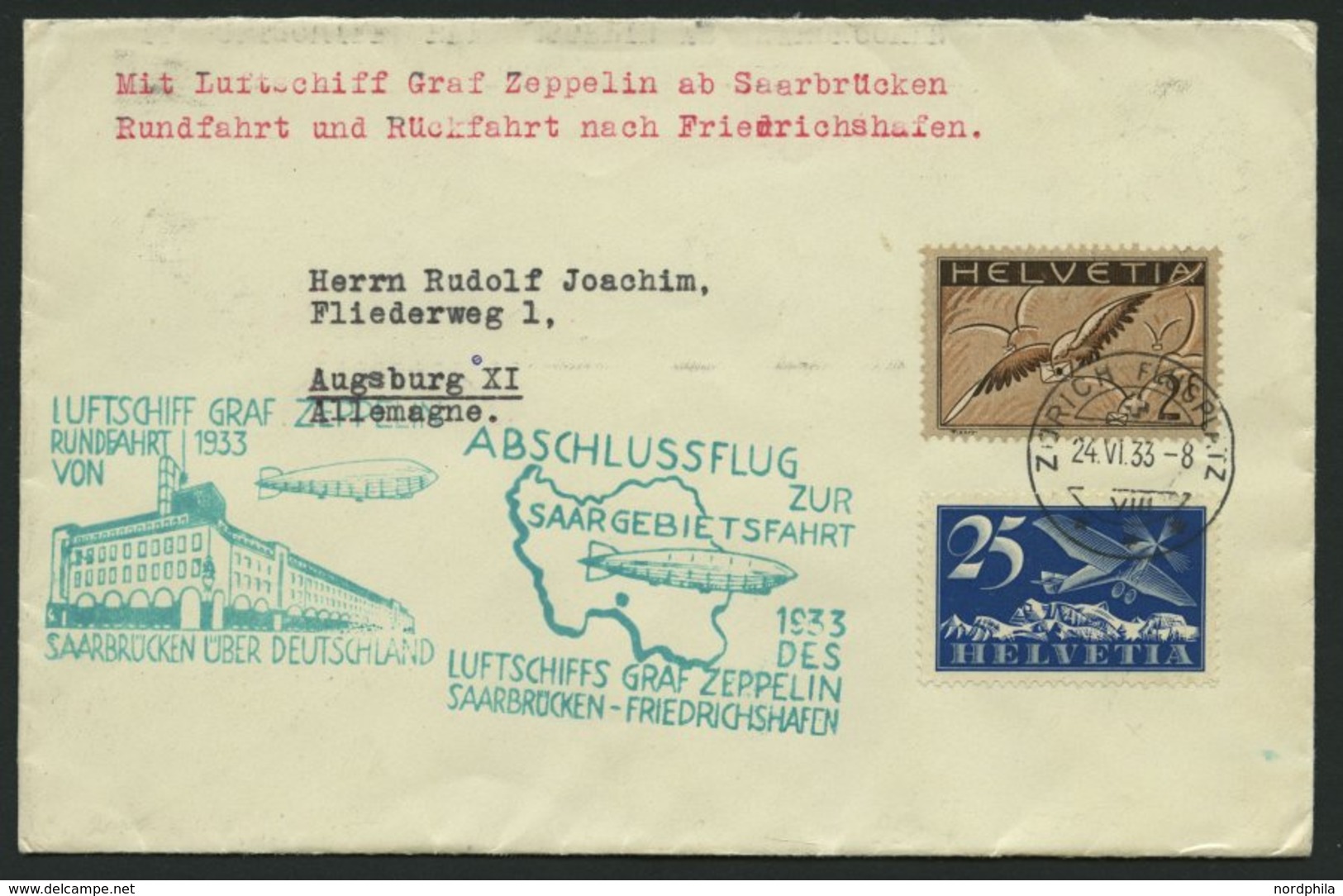 ZULEITUNGSPOST 218C BRIEF, Schweiz: 1933, Saargebietsfahrt, Rundfahrt, Beide Stempel Auf Prachtbrief - Correo Aéreo & Zeppelin