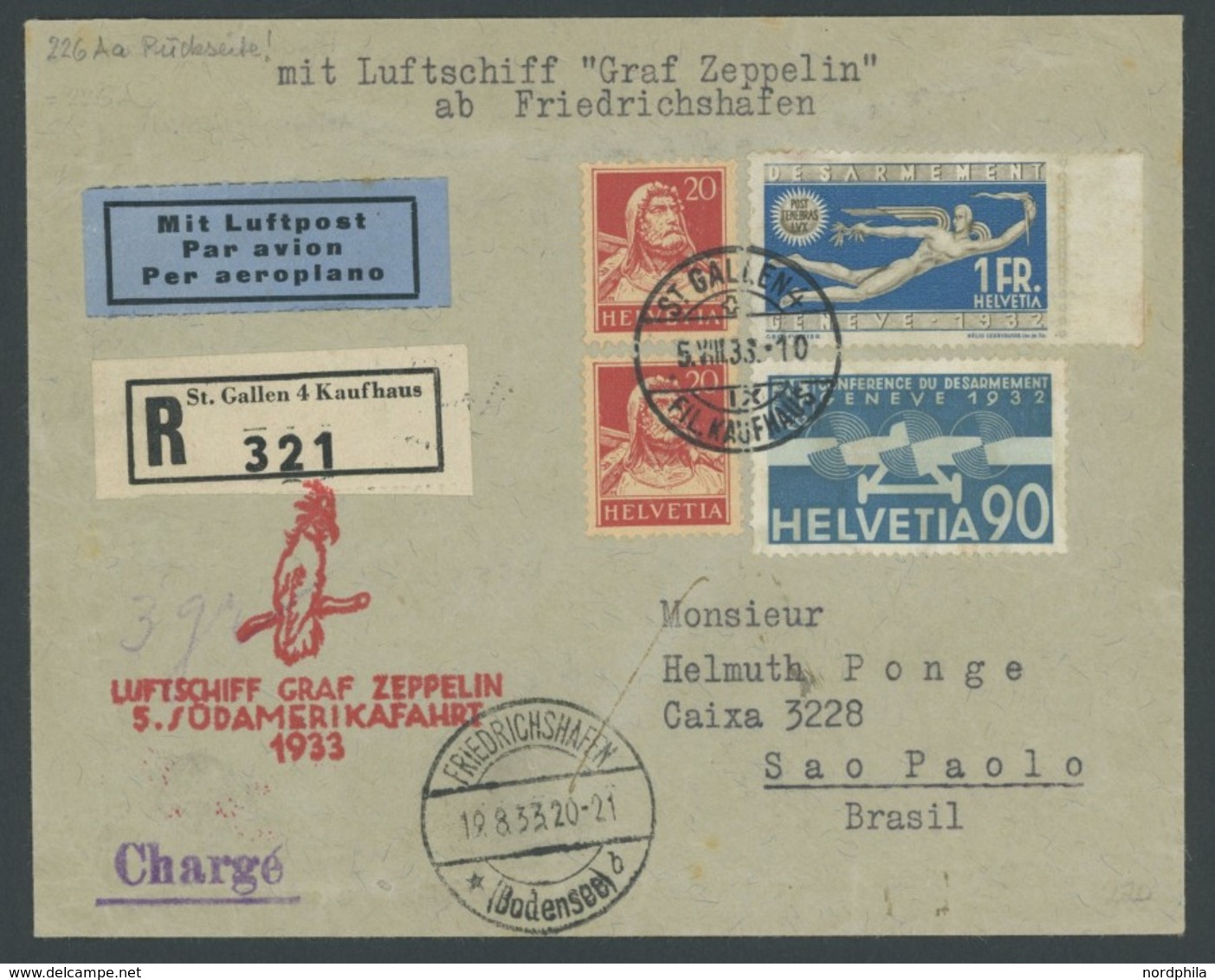 ZULEITUNGSPOST 226 BRIEF, Schweiz: 1933, 5. Südamerikafahrt, Einschreibbrief Ab St. Gallen Am 5.8., Via Friedrichshafen  - Correo Aéreo & Zeppelin