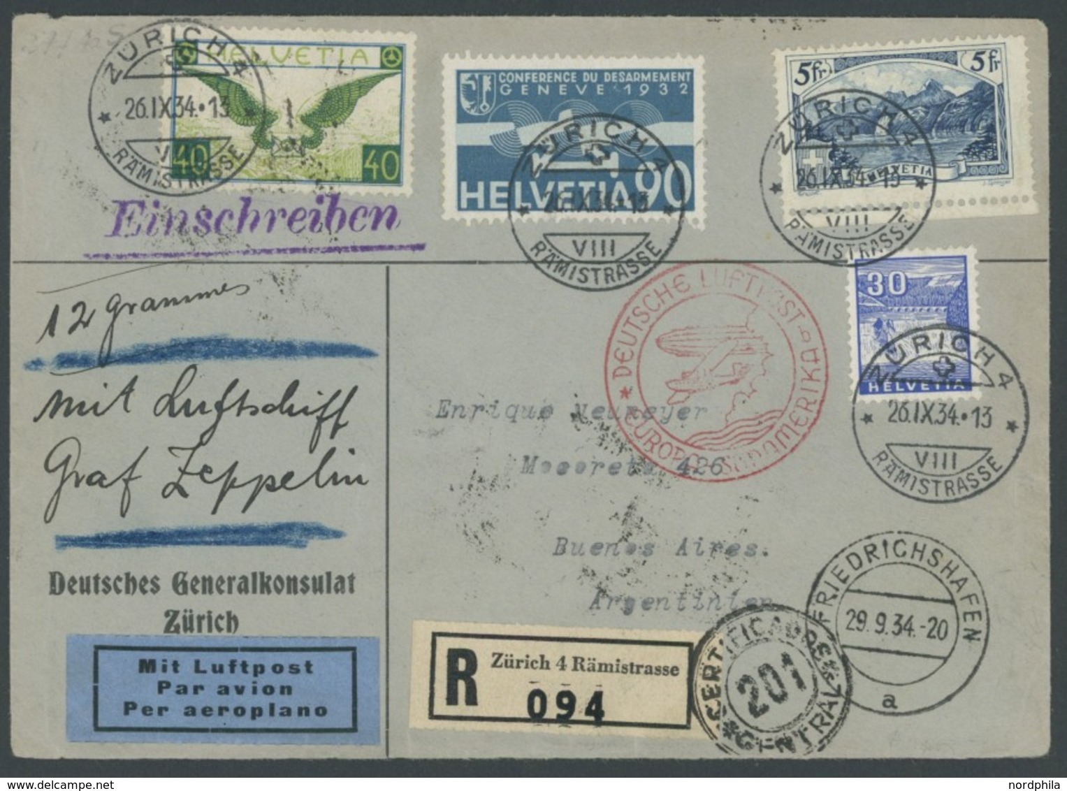 ZULEITUNGSPOST 277 BRIEF, Schweiz: 1934, 9. Südamerikafahrt, Einschreibbrief Vom Deutschen Konsulat In Zürich, Rückseiti - Correo Aéreo & Zeppelin