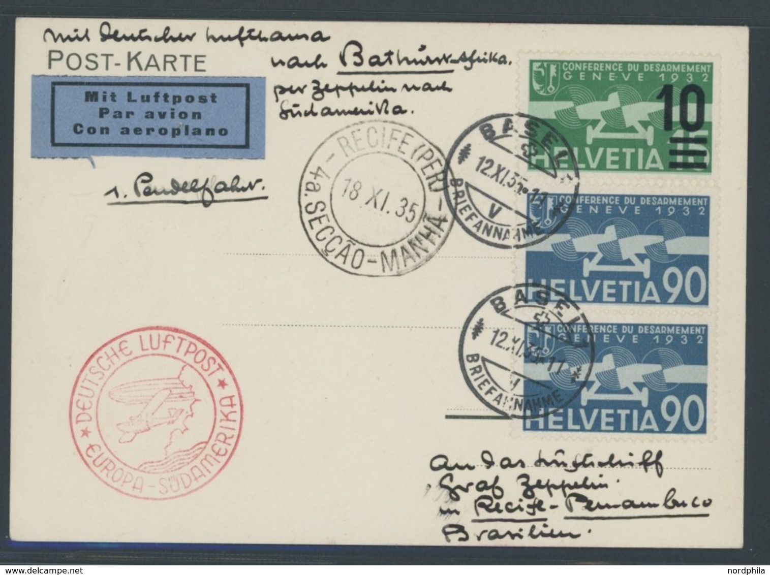 ZULEITUNGSPOST 333 BRIEF, Schweiz: 1935, 1. Pendelfahrt, über Stuttgart Mit Lufthansa Bis Bathurst Und Mit Zeppelin Nach - Correo Aéreo & Zeppelin