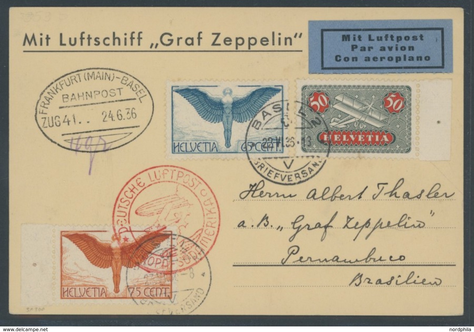 ZULEITUNGSPOST 353 BRIEF, Schweiz: 1936, 7. Südamerikafahrt, Bestätigungsstempel C, Prachtkarte - Correo Aéreo & Zeppelin