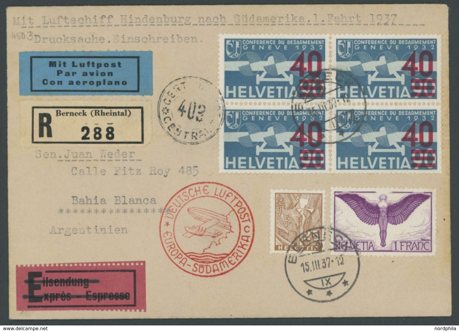 ZULEITUNGSPOST 450 BRIEF, Schweiz: 1937, 1. Südamerikafahrt, Einschreib-Drucksache, Prachtbrief - Correo Aéreo & Zeppelin