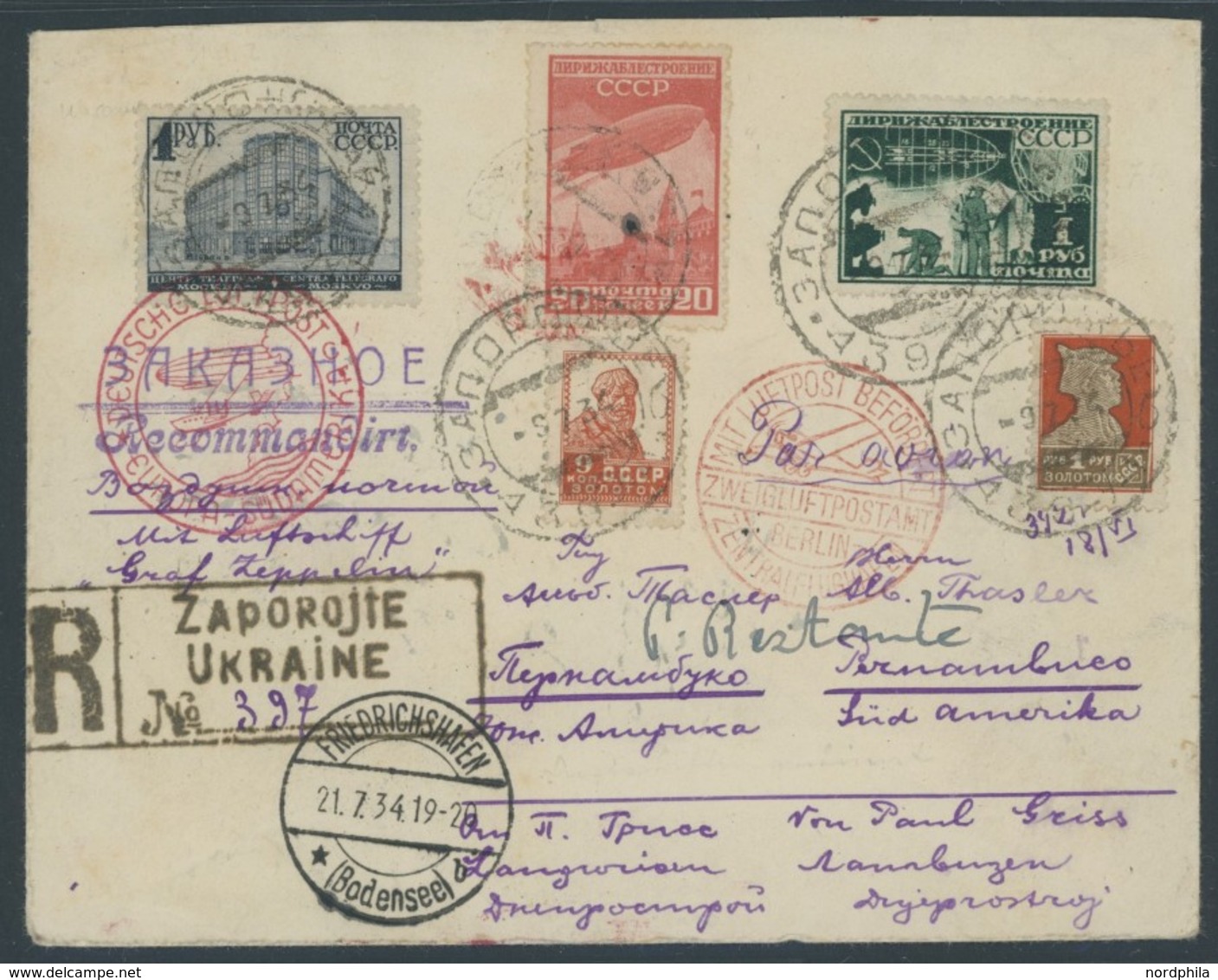 ZULEITUNGSPOST 260 BRIEF, Ukraine: 1934, 4. Südamerikafahrt, über Berlin Und Friedrichshafen Nach Pernambuco, Einschreib - Correo Aéreo & Zeppelin