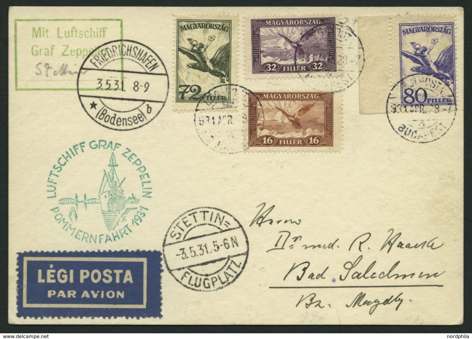 ZULEITUNGSPOST 106 BRIEF, Ungarn: 1931, Pommernfahrt, Prachtkarte - Airmail & Zeppelin