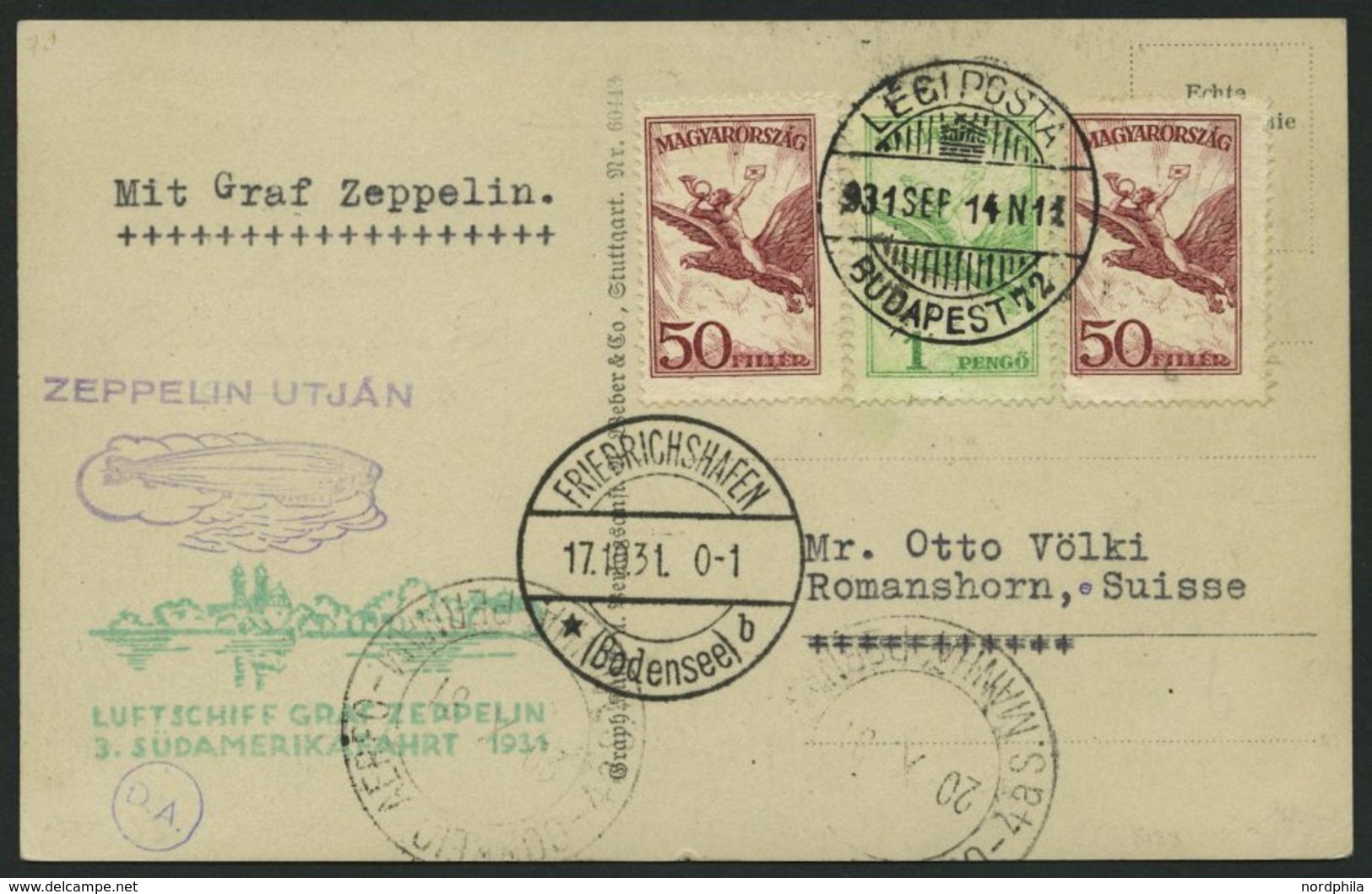 ZULEITUNGSPOST 133 BRIEF, Ungarn: 1931, 3. Südamerikafahrt, Prachtkarte - Airmail & Zeppelin