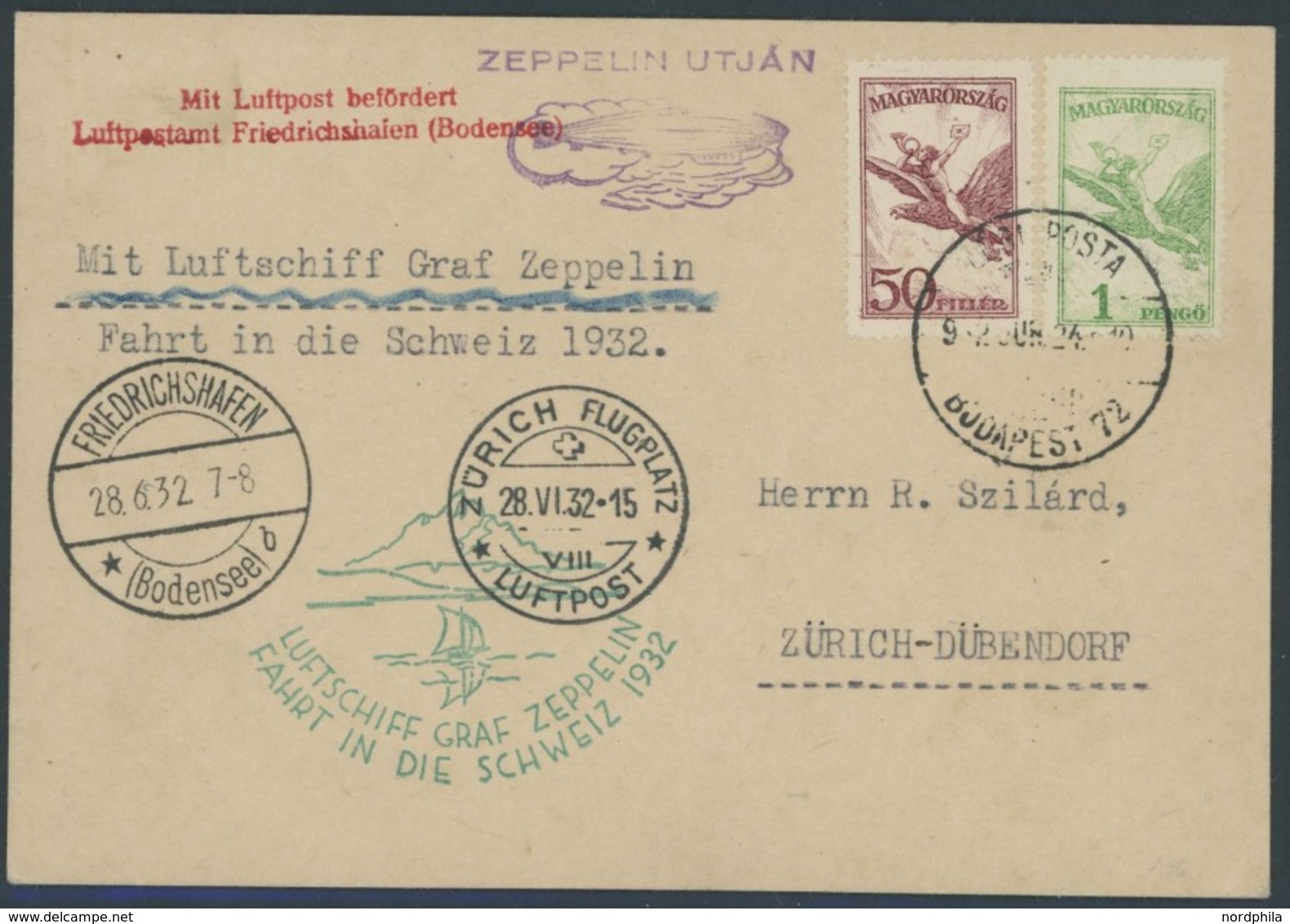 ZULEITUNGSPOST 166 BRIEF, Ungarn: 1932, Schweizfahrt, Prachtkarte, R! - Correo Aéreo & Zeppelin