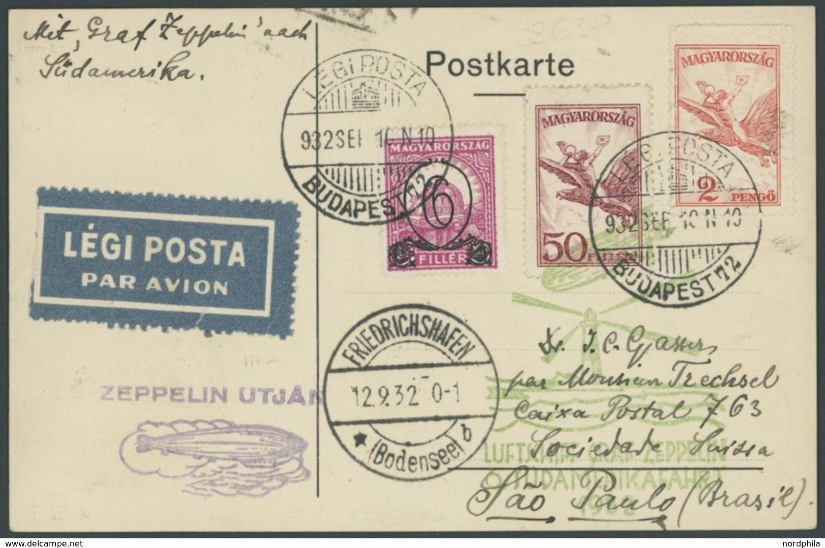 ZULEITUNGSPOST 177 BRIEF, Ungarn: 1932, 6. Südamerikafahrt, Einschreibkarte Nach Sao Paulo, Pracht - Airmail & Zeppelin