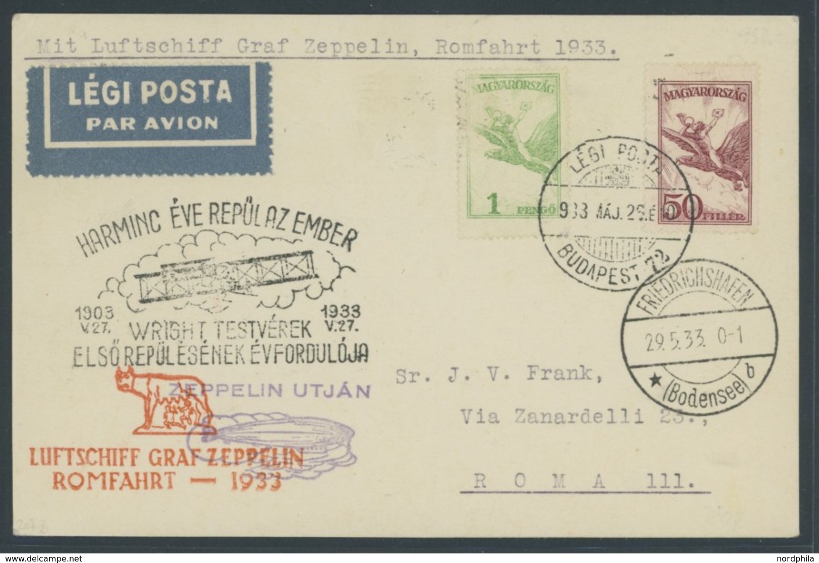 ZULEITUNGSPOST 207B BRIEF, Ungarn: 1933, Italienfahrt, Abgabe Rom, Sonderstempel 30 Jahre Wright Motorflug, Prachtkarte - Correo Aéreo & Zeppelin