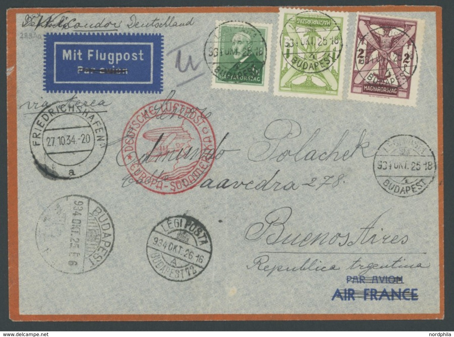 ZULEITUNGSPOST 283Aa BRIEF, Ungarn: 1934, 11. Südamerikafahrt, Auflieferung Friedrichshafen (c), Senkrecht Gefaltet Sons - Poste Aérienne & Zeppelin