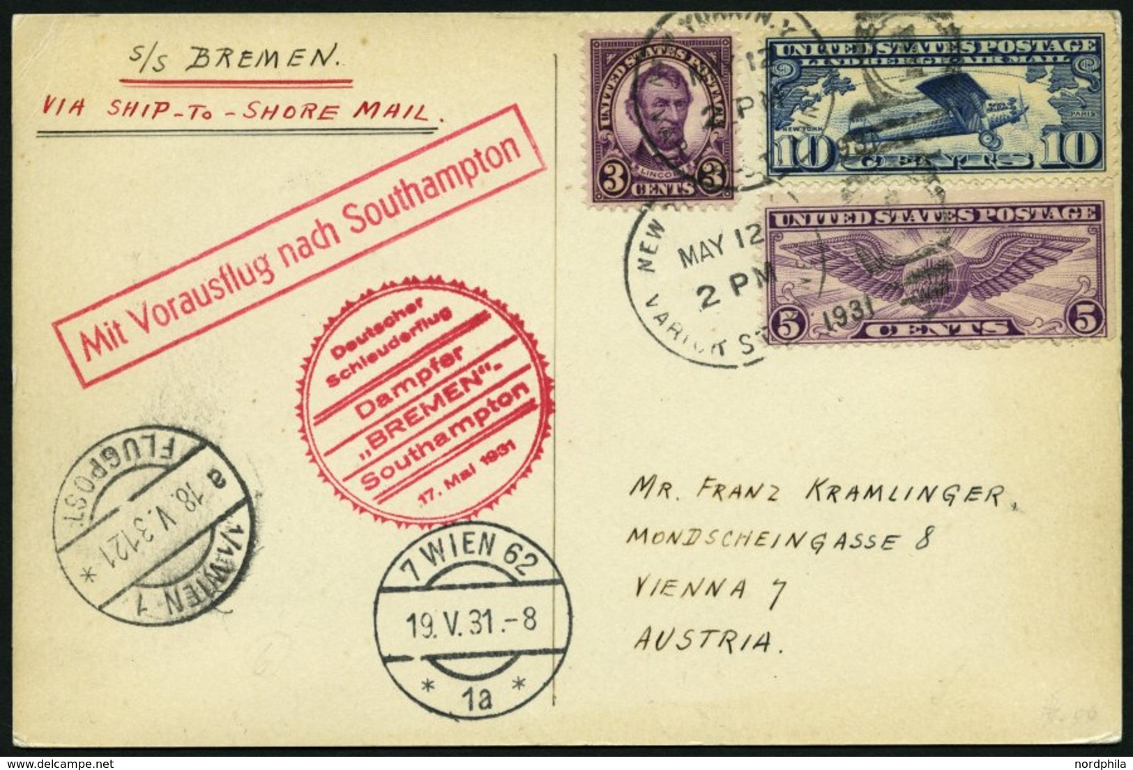 KATAPULTPOST 42a BRIEF, 17.5.1931, &quot,Bremen&quot, - Southampton, US-Landpostaufgabe, Prachtkarte - Cartas & Documentos