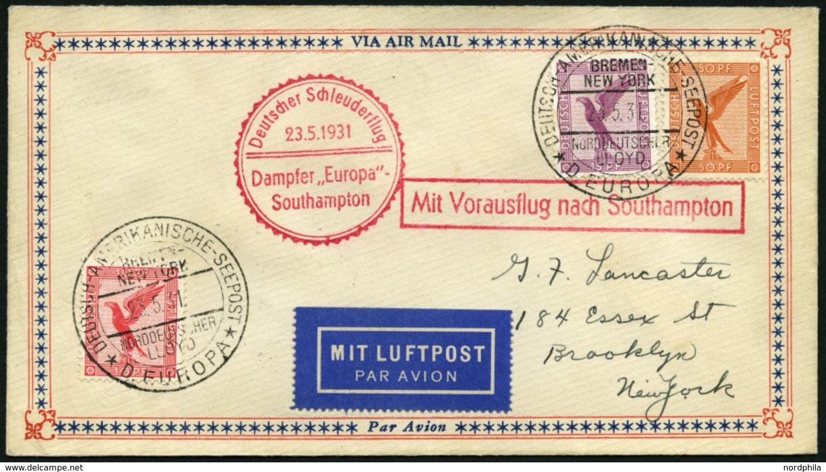 KATAPULTPOST 43c BRIEF, 24.5.1931, &quot,Europa&quot, - Southampton, Deutsche Seepostaufgabe, Prachtbrief - Cartas & Documentos